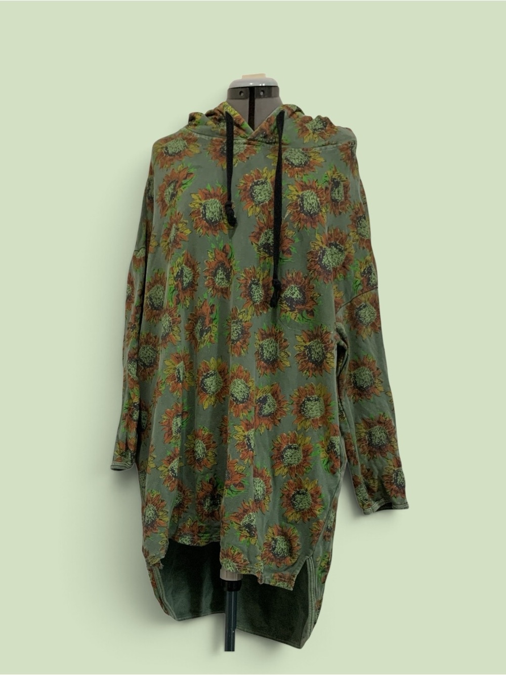 NATURAL LIFE Vintage Olive Green Sunflower-Print Hooded Tunic